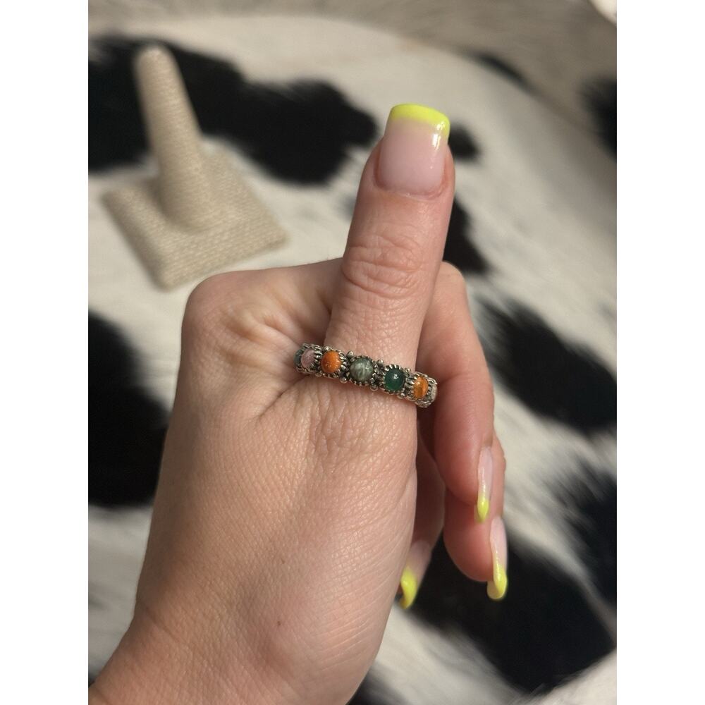 Native American Sterling Silver Orange Spiny Pink Multistone Eternity Ring - Picture 2 of 13